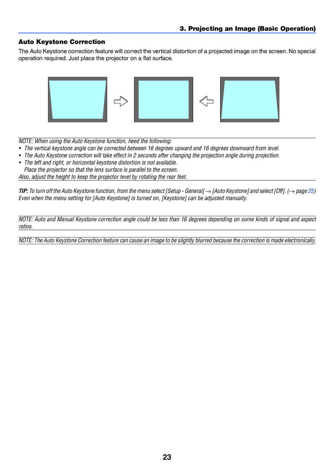 Acoustic Energy LT25, LT30, LT35 manual Projecting an Image Basic Operation Auto Keystone Correction 