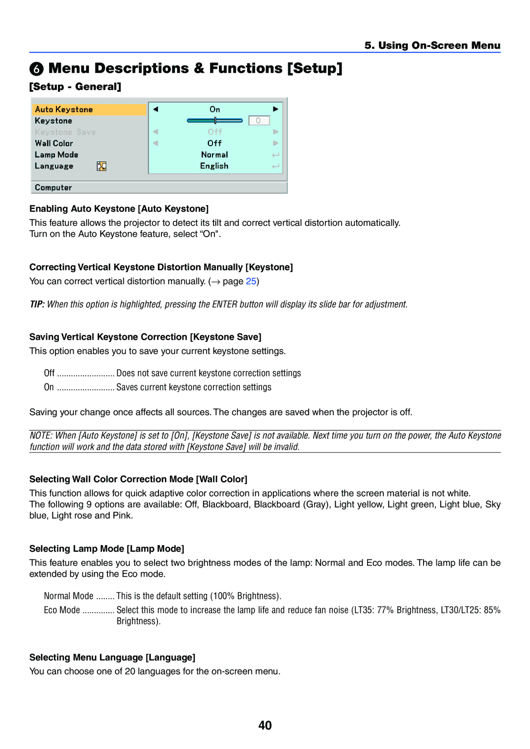 Acoustic Energy LT30, LT25, LT35 manual Menu Descriptions & Functions Setup, Setup General 