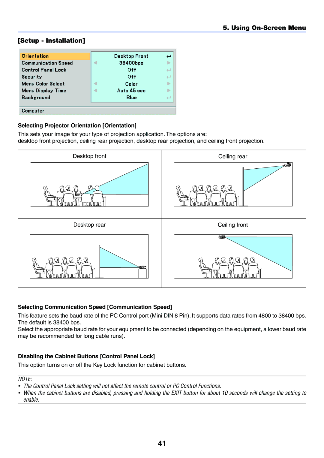 Acoustic Energy LT25, LT30, LT35 manual Using On-Screen Menu Setup Installation, Selecting Projector Orientation Orientation 