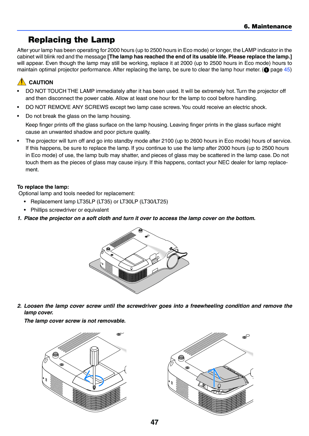 Acoustic Energy LT25, LT30, LT35 manual Replacing the Lamp, Maintenance, To replace the lamp 