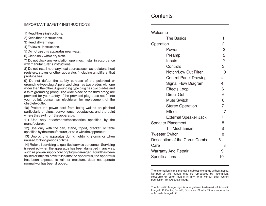 Acoustic Energy Stereo Amplifier manual Contents 