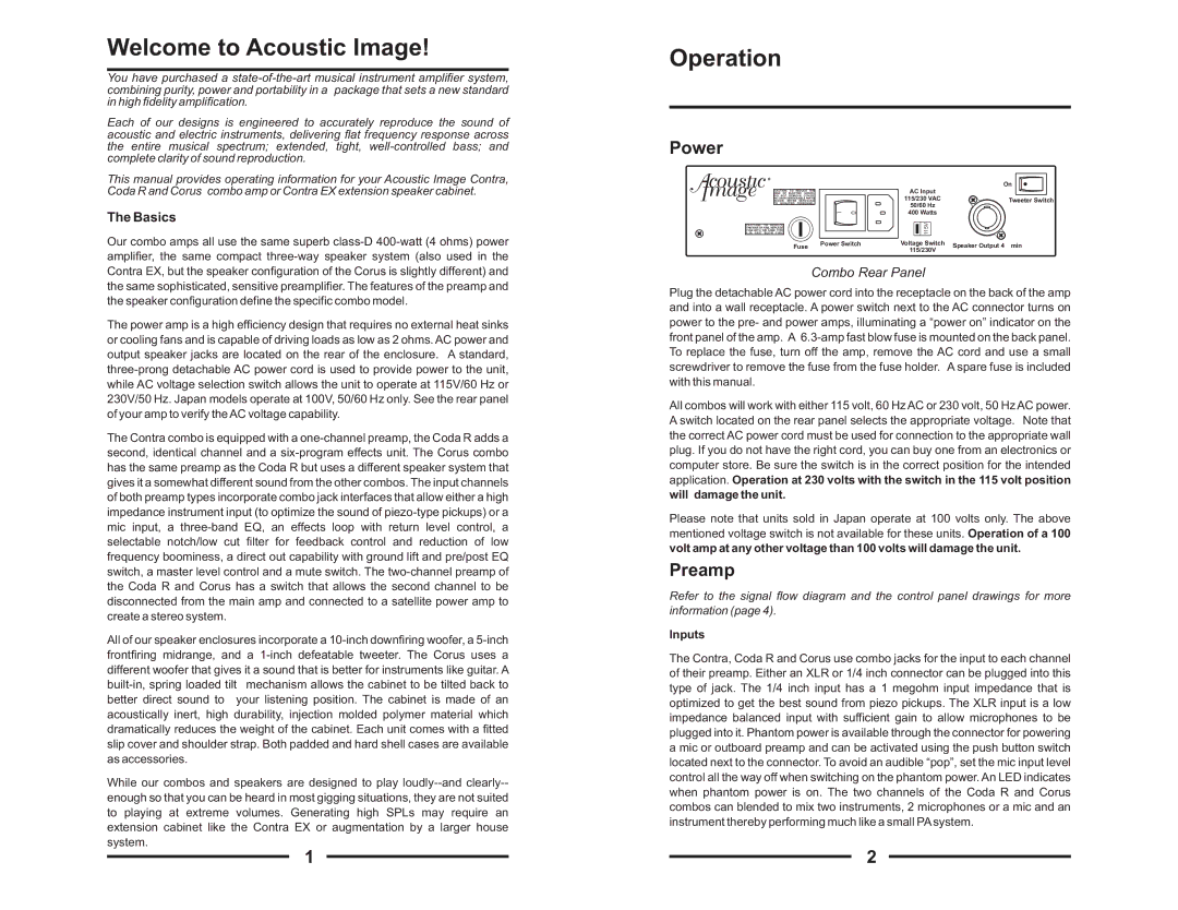 Acoustic Energy Stereo Amplifier manual Welcome to Acoustic Image, Operation, Basics, Will damage the unit, Inputs 