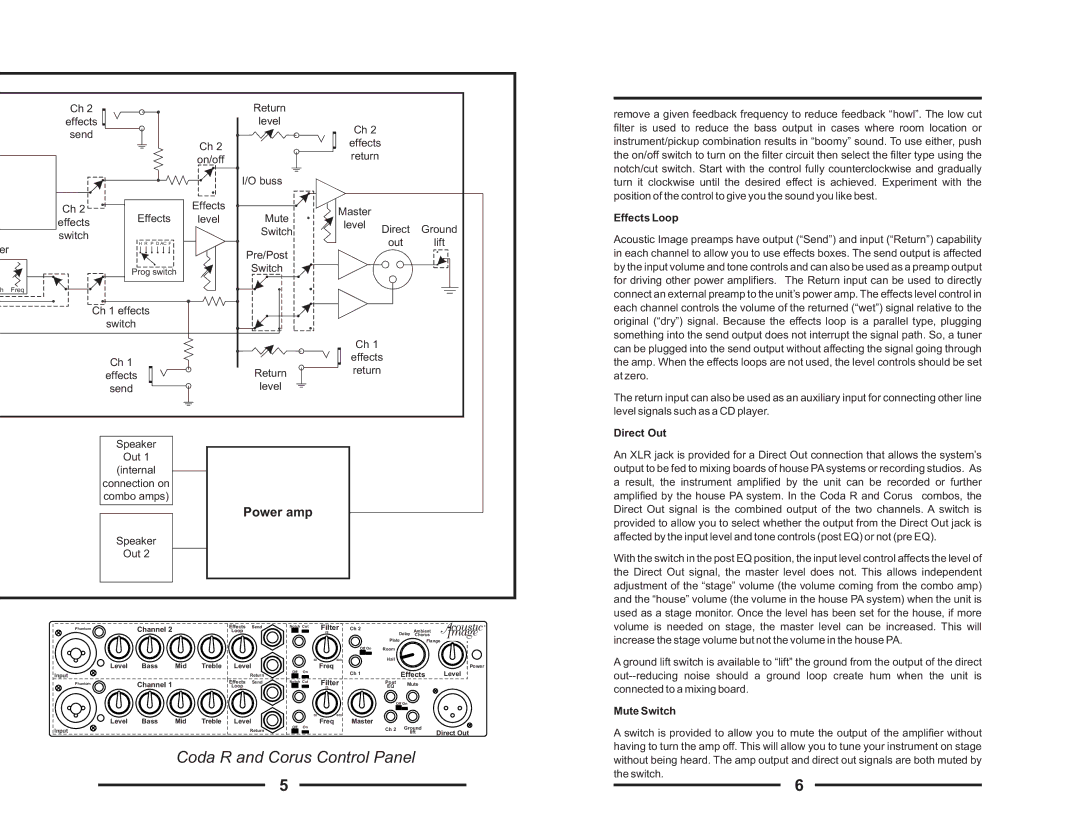 Acoustic Energy Stereo Amplifier manual Coda R and Corus Control Panel, Power amp, Effects Loop, Direct Out, Mute Switch 