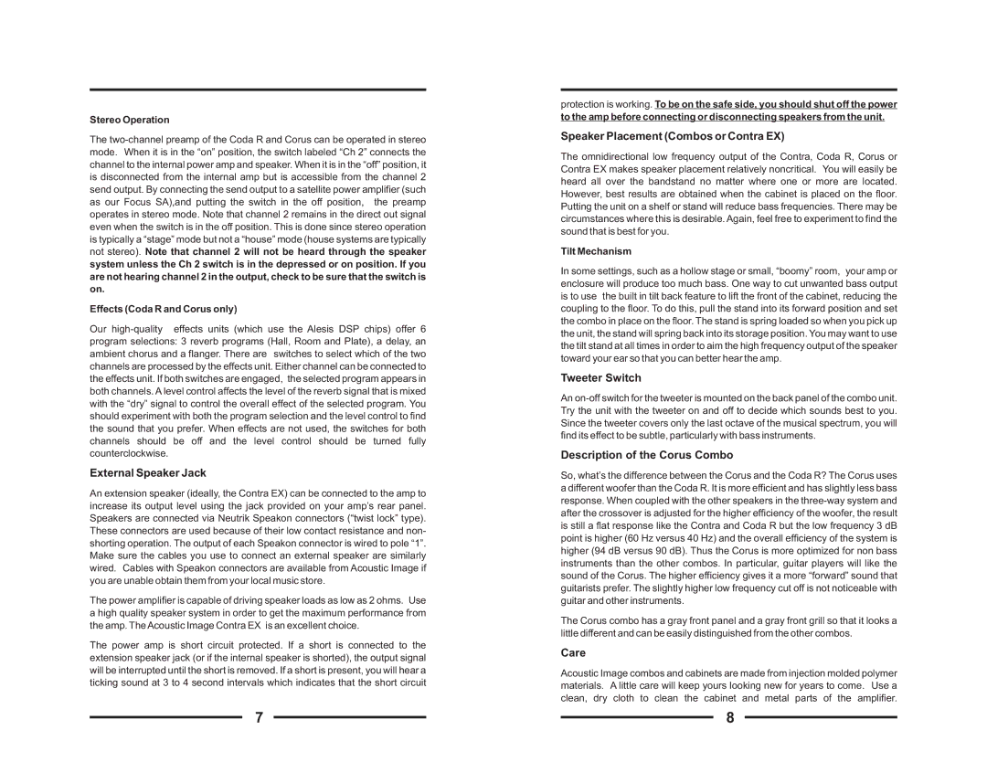 Acoustic Energy Stereo Amplifier manual External Speaker Jack, Speaker Placement Combos or Contra EX, Tweeter Switch, Care 