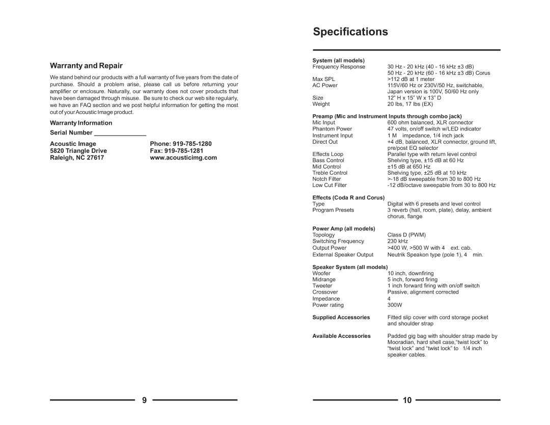 Acoustic Energy Stereo Amplifier manual Specifications, Warranty and Repair 