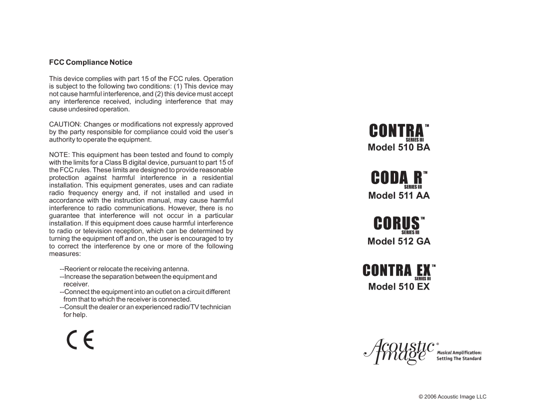 Acoustic Energy Stereo Amplifier manual FCC Compliance Notice, Acoustic Image LLC 