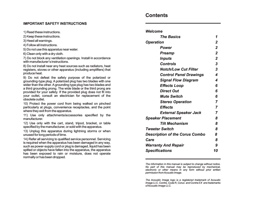 Acoustic Energy Stereo Amplifier manual Contents 