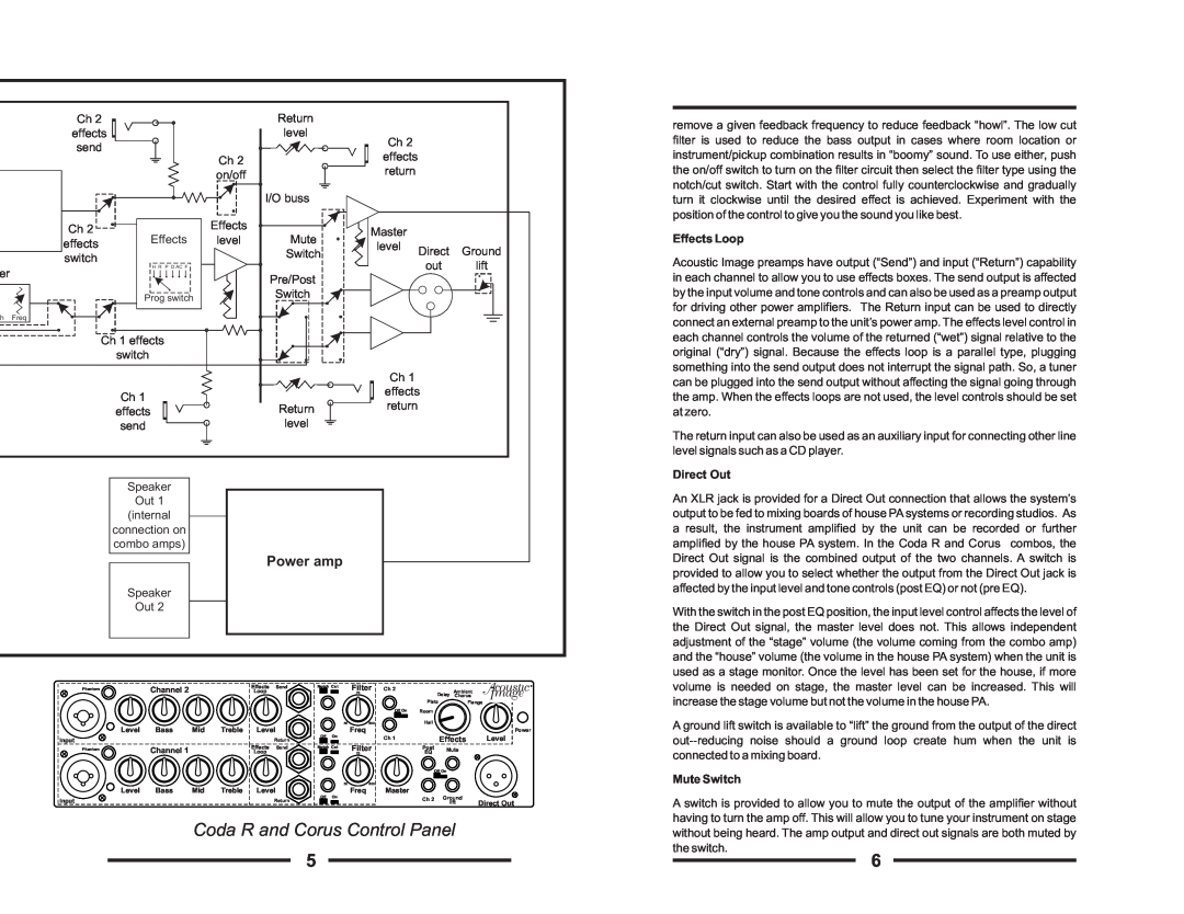 Acoustic Energy Stereo Amplifier manual Coda R and Corus Control Panel, Power amp, Effects Loop, Direct Out, Mute Switch 