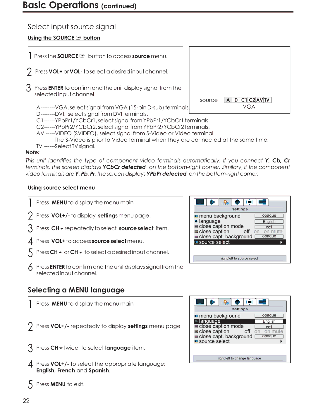 Acoustic Research AR4200 manual Select input source signal, Using the Source Button, Using source select menu 