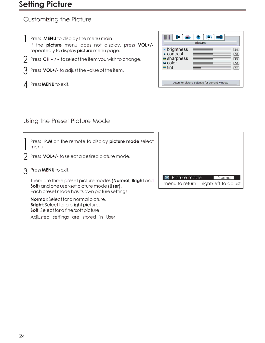 Acoustic Research AR4200 manual Setting Picture, Customizing the Picture, Using the Preset Picture Mode 