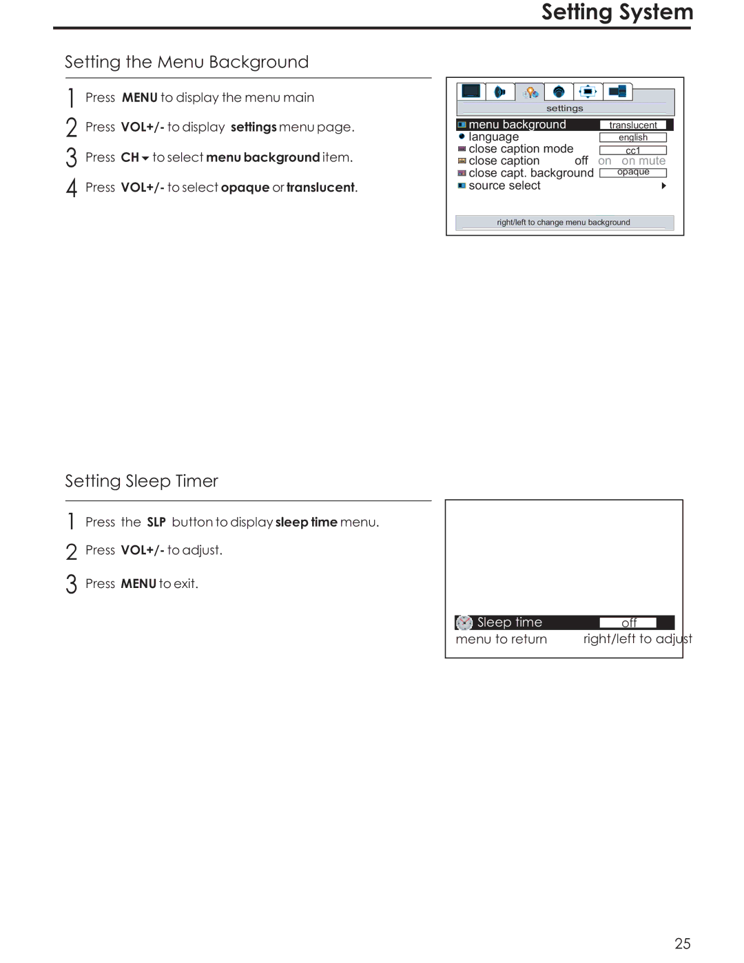 Acoustic Research AR4200 manual Setting System, Setting the Menu Background, Setting Sleep Timer, Menu to return 