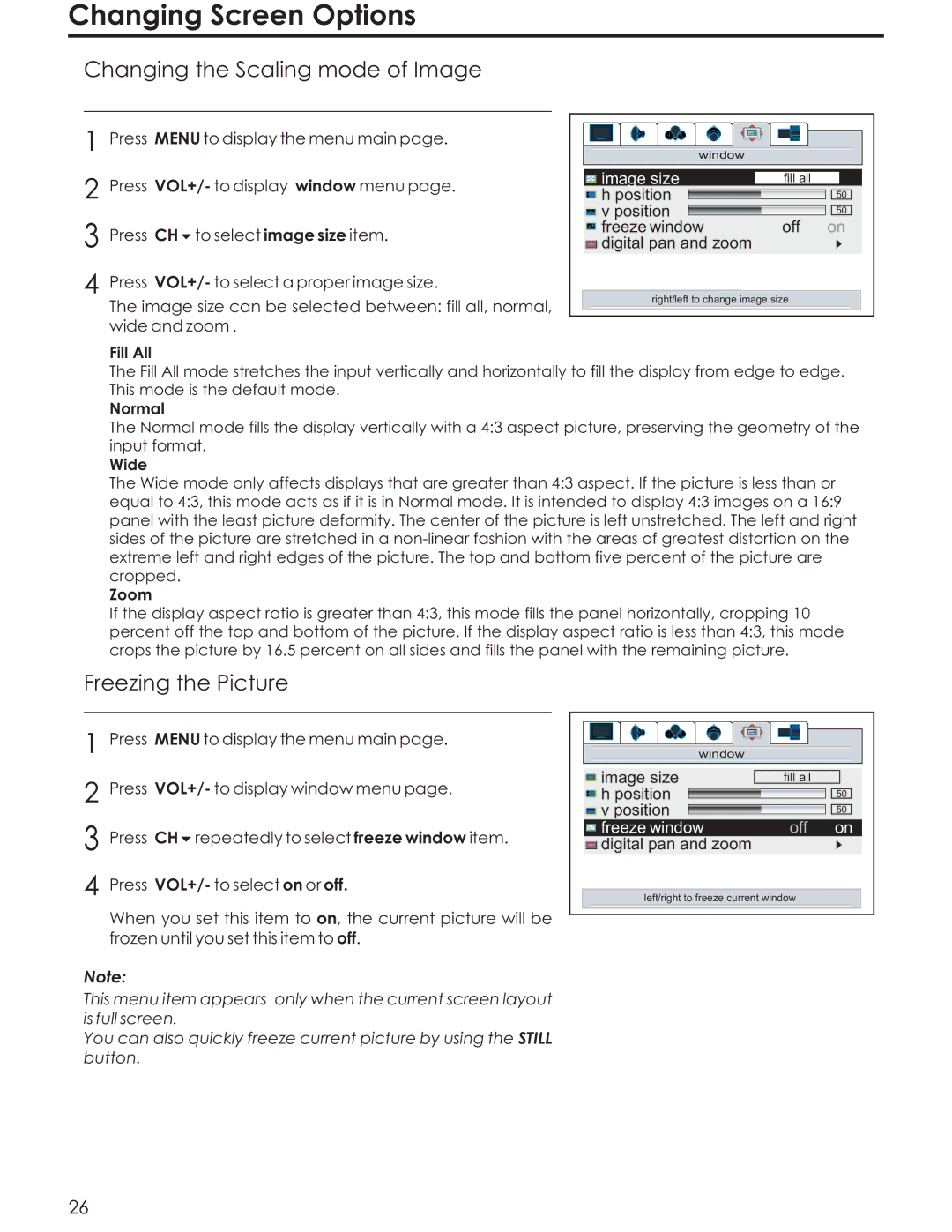 Acoustic Research AR4200 manual Changing Screen Options, Changing the Scaling mode of Image, Freezing the Picture 