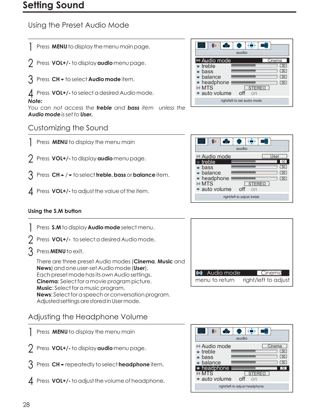 Acoustic Research AR4200 Setting Sound, Using the Preset Audio Mode, Customizing the Sound, Adjusting the Headphone Volume 