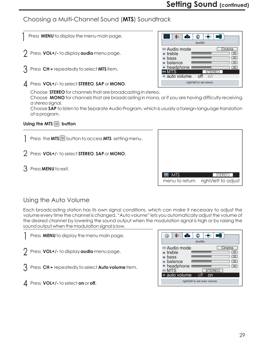 Acoustic Research AR4200 manual Choosing a Multi-Channel Sound MTS Soundtrack, Using the Auto Volume, Using the MTS Button 