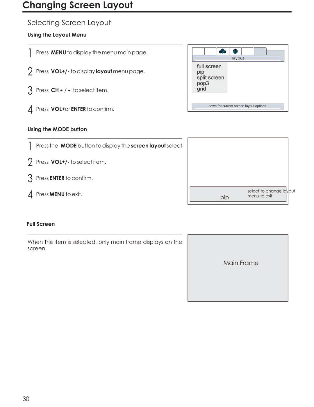 Acoustic Research AR4200 Changing Screen Layout, Selecting Screen Layout, Using the Layout Menu, Using the Mode button 