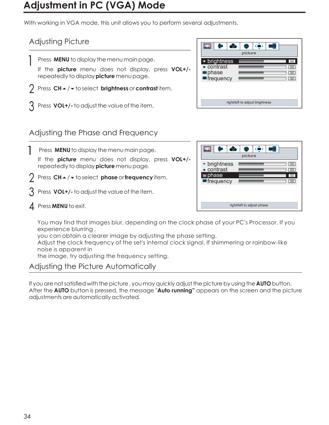 Acoustic Research AR4200 manual Adjustment in PC VGA Mode, Adjusting Picture, Adjusting the Phase and Frequency 