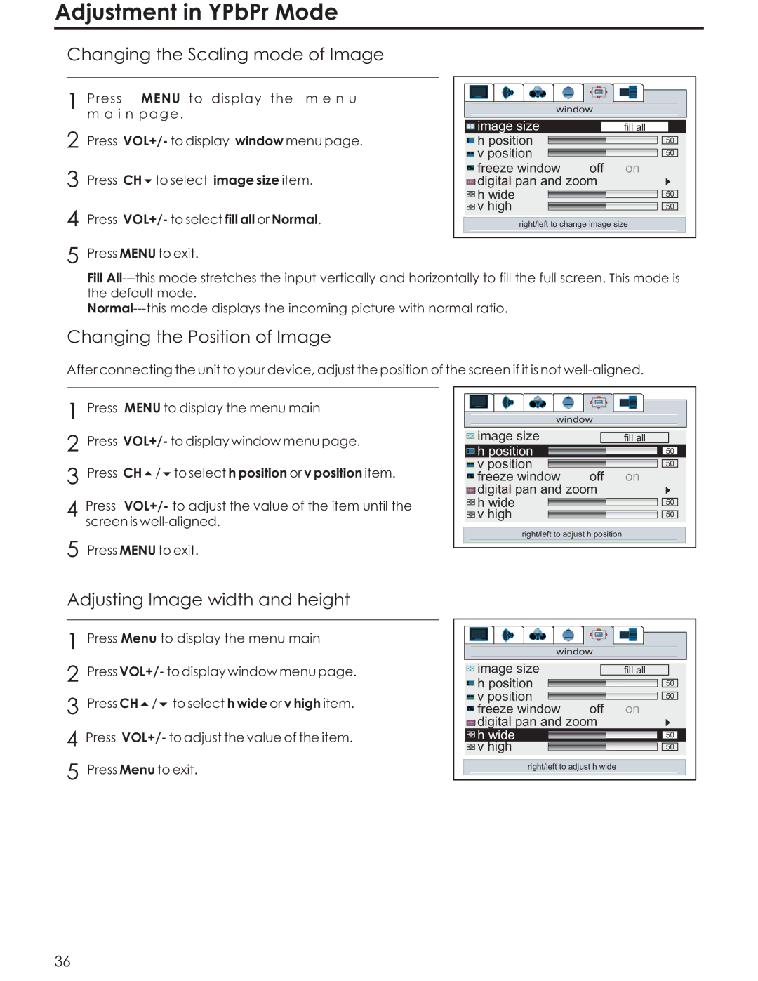 Acoustic Research AR4200 manual Adjustment in YPbPr Mode, Adjusting Image width and height 