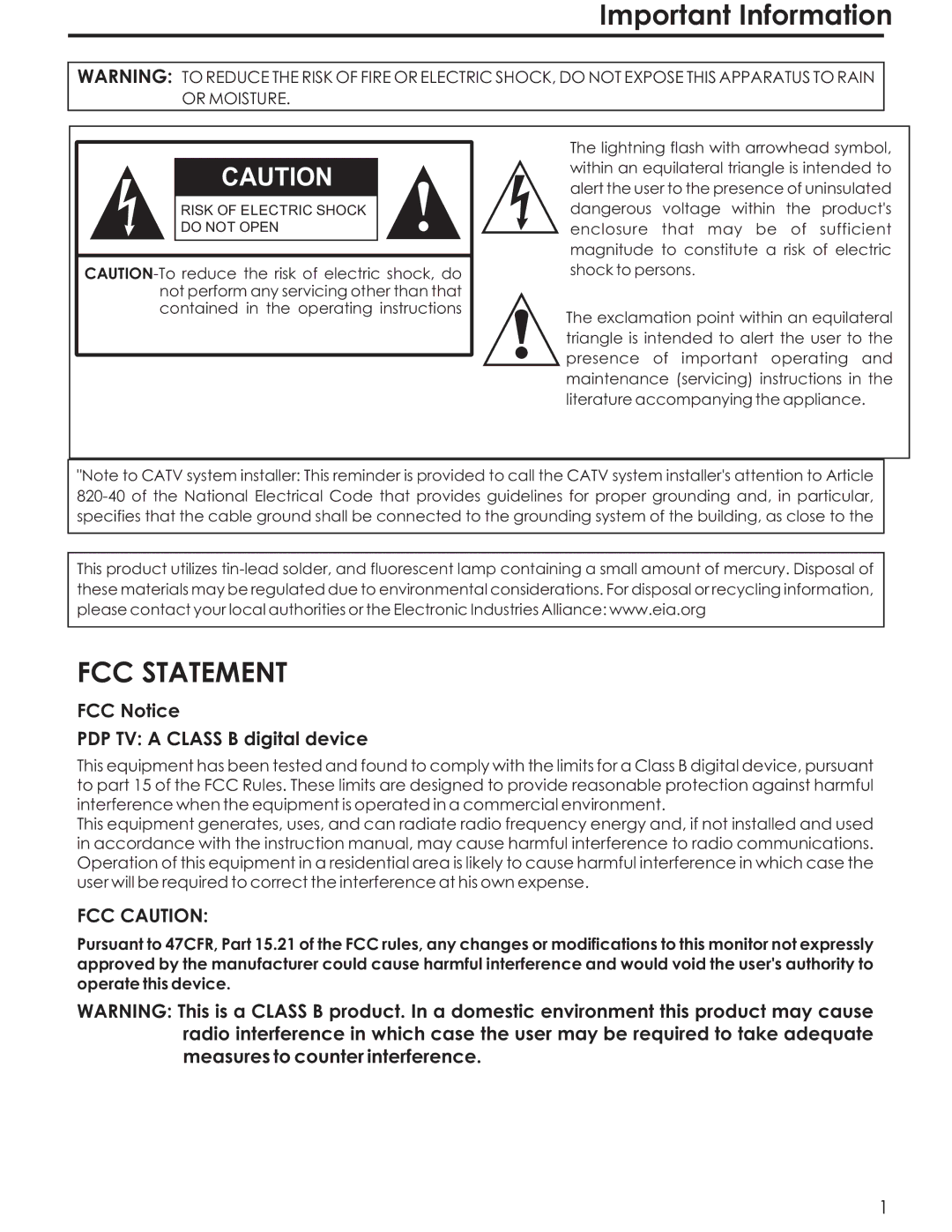 Acoustic Research AR4200 manual Important Information, FCC Notice PDP TV a Class B digital device 