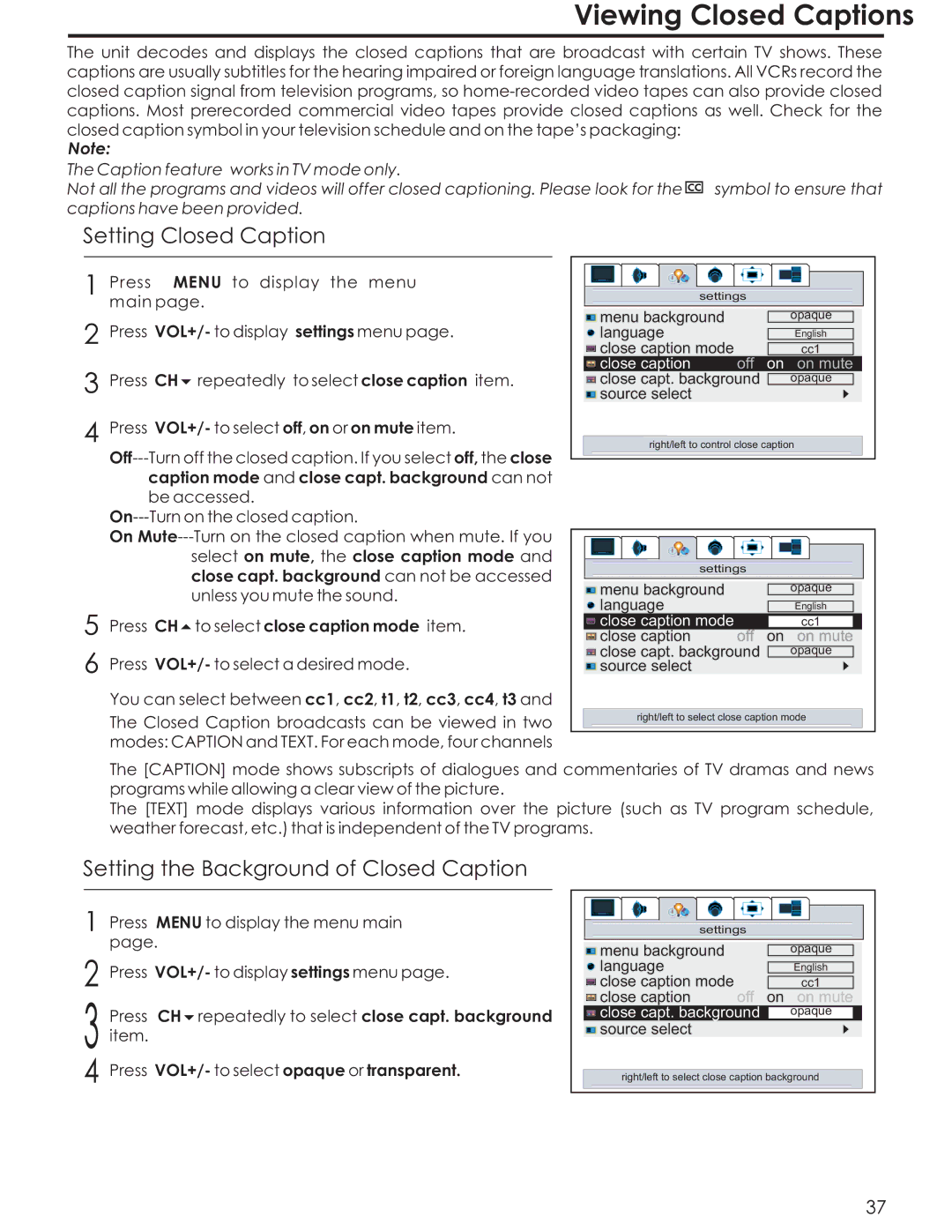 Acoustic Research AR4200 manual Viewing Closed Captions, Setting Closed Caption, Setting the Background of Closed Caption 