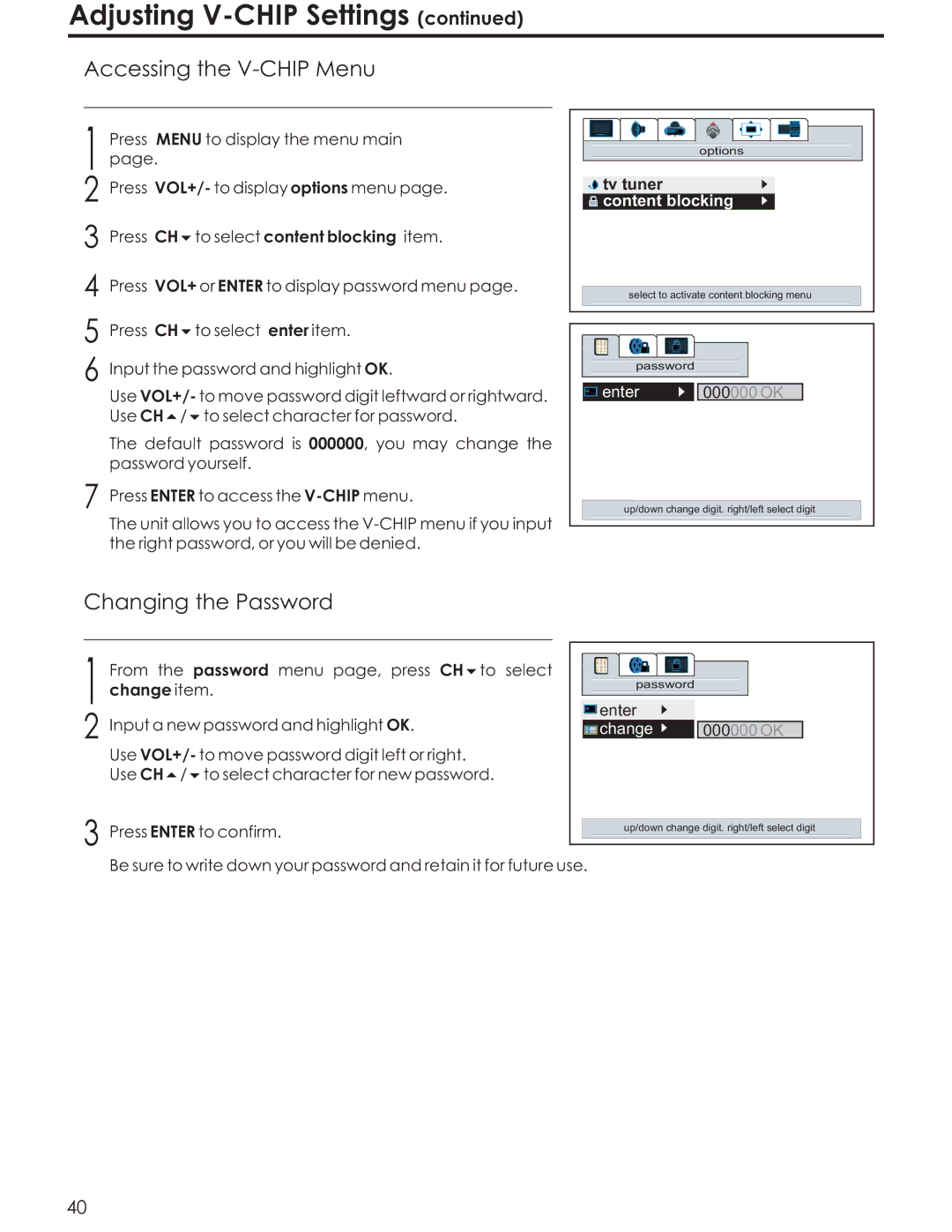 Acoustic Research AR4200 manual Accessing the V-CHIP Menu, Changing the Password 