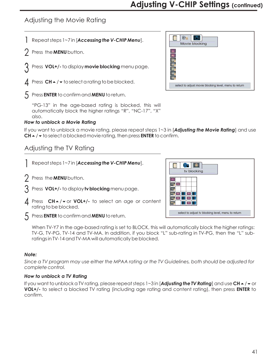 Acoustic Research AR4200 manual Adjusting the Movie Rating, Adjusting the TV Rating 