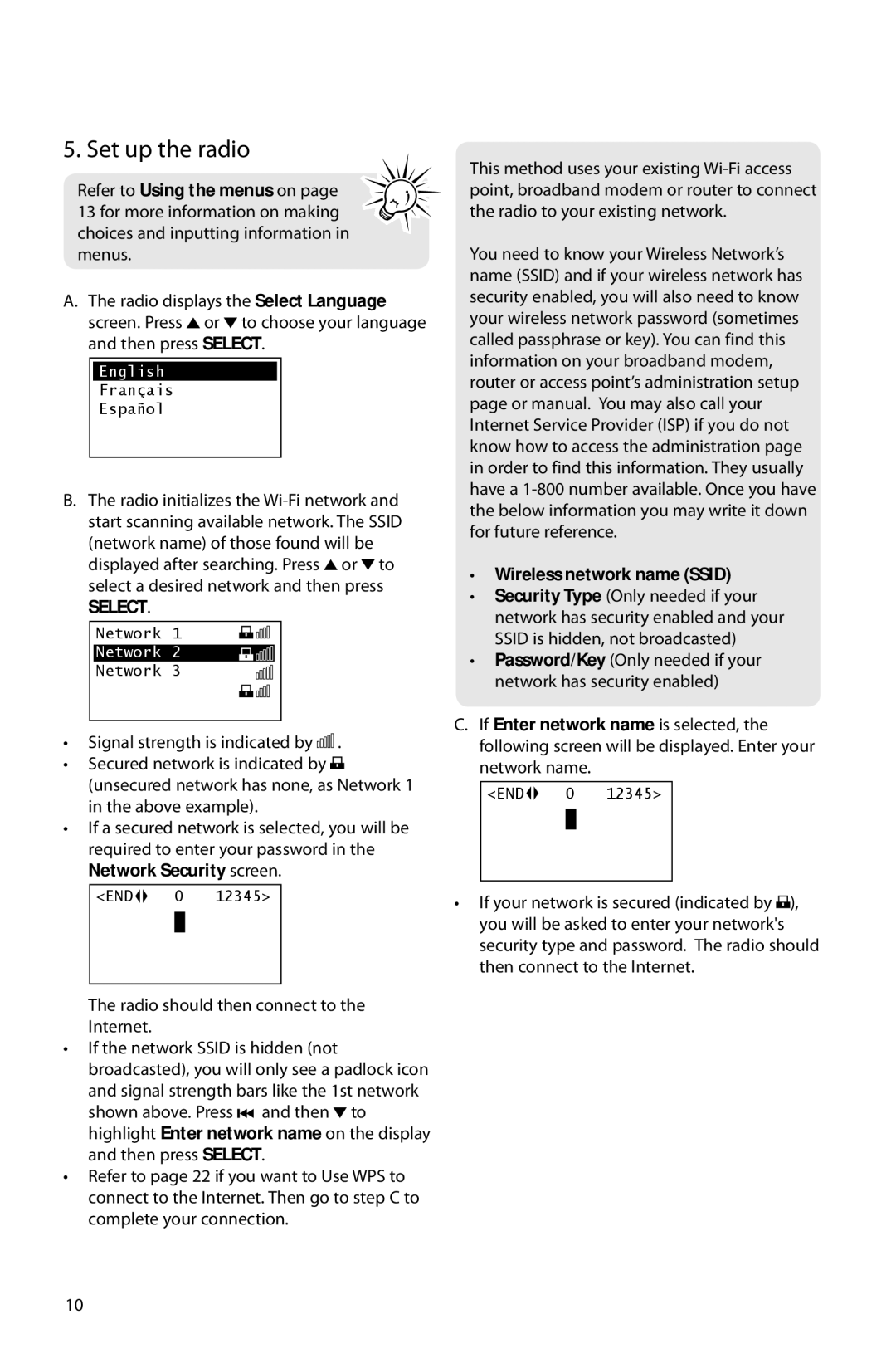 Acoustic Research ARIR150 user manual Set up the radio, Wireless network name Ssid, English, Network 