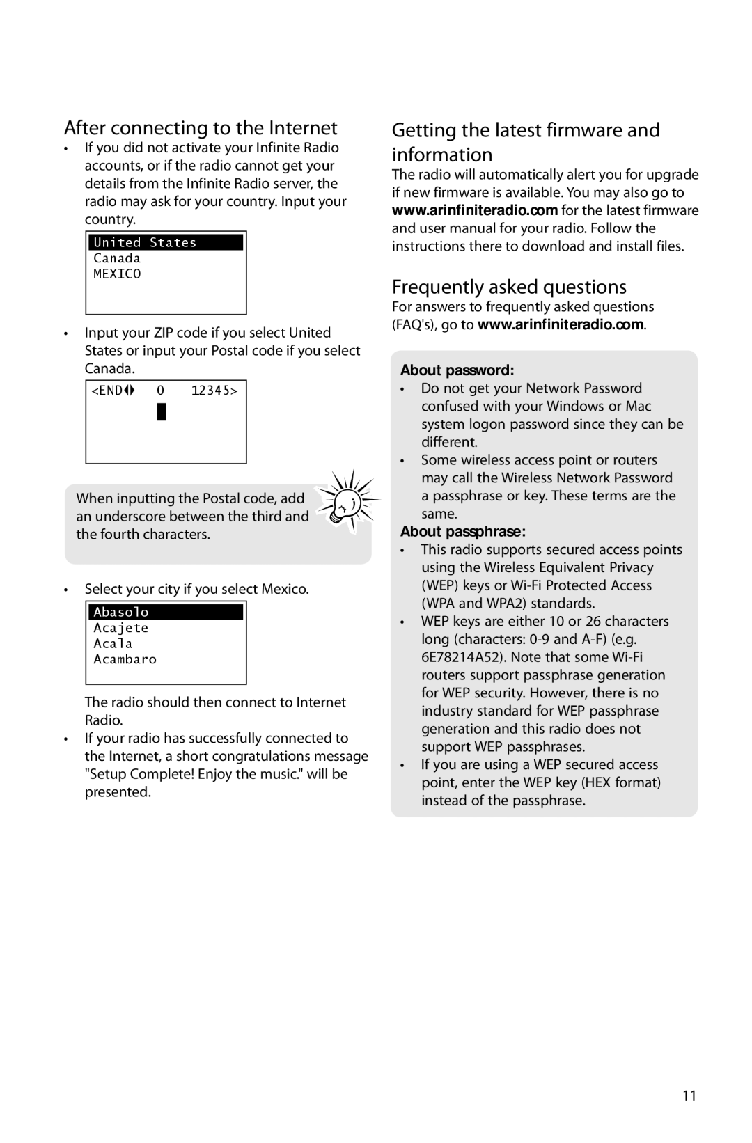 Acoustic Research ARIR150 After connecting to the Internet, About password, About passphrase, United States, Abasolo 