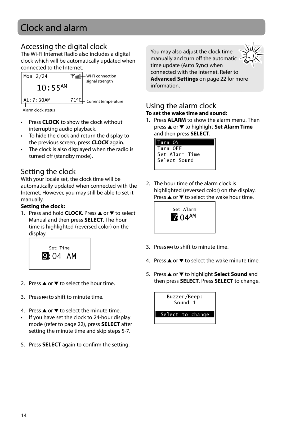 Acoustic Research ARIR150 Clock and alarm, Accessing the digital clock, Setting the clock, Using the alarm clock 