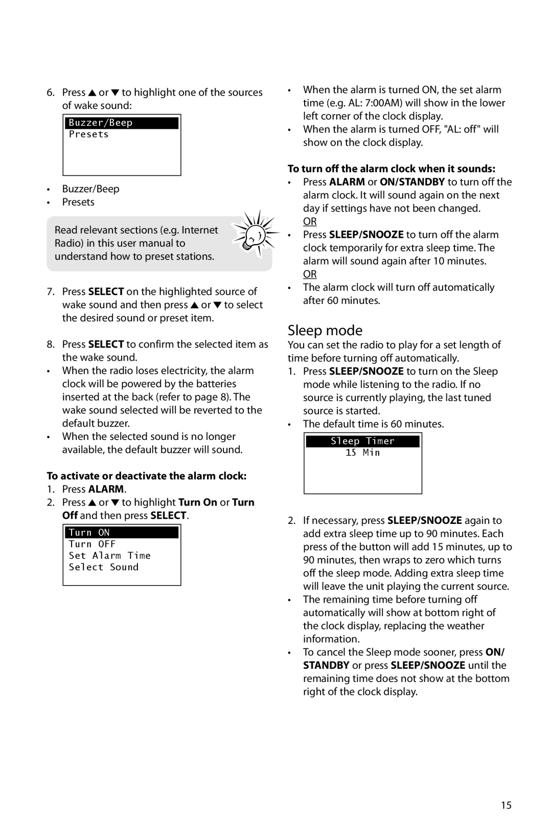 Acoustic Research ARIR150 user manual Sleep mode, To activate or deactivate the alarm clock, Buzzer/Beep, Sleep Timer 