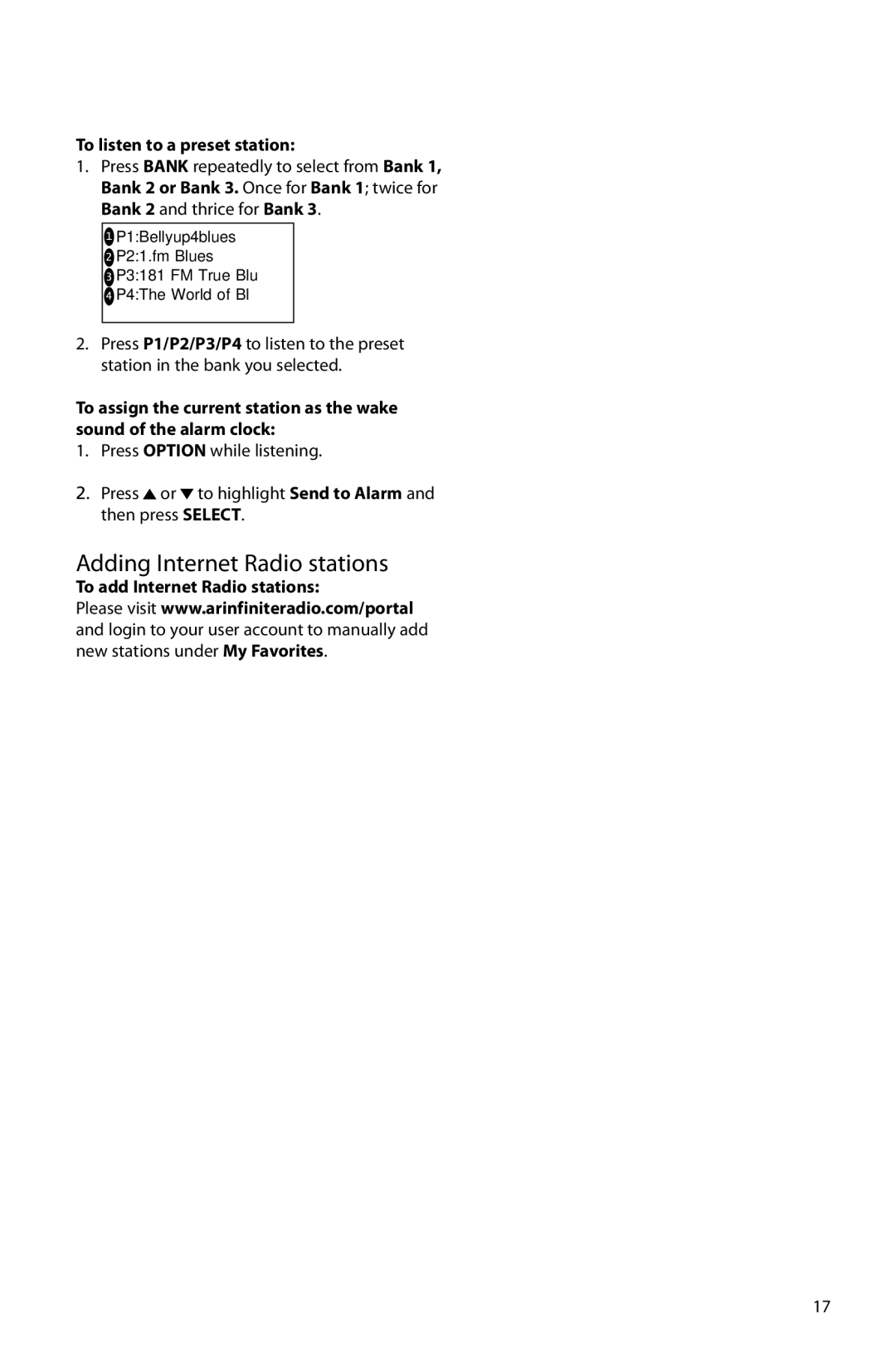 Acoustic Research ARIR150 Adding Internet Radio stations, To listen to a preset station, To add Internet Radio stations 