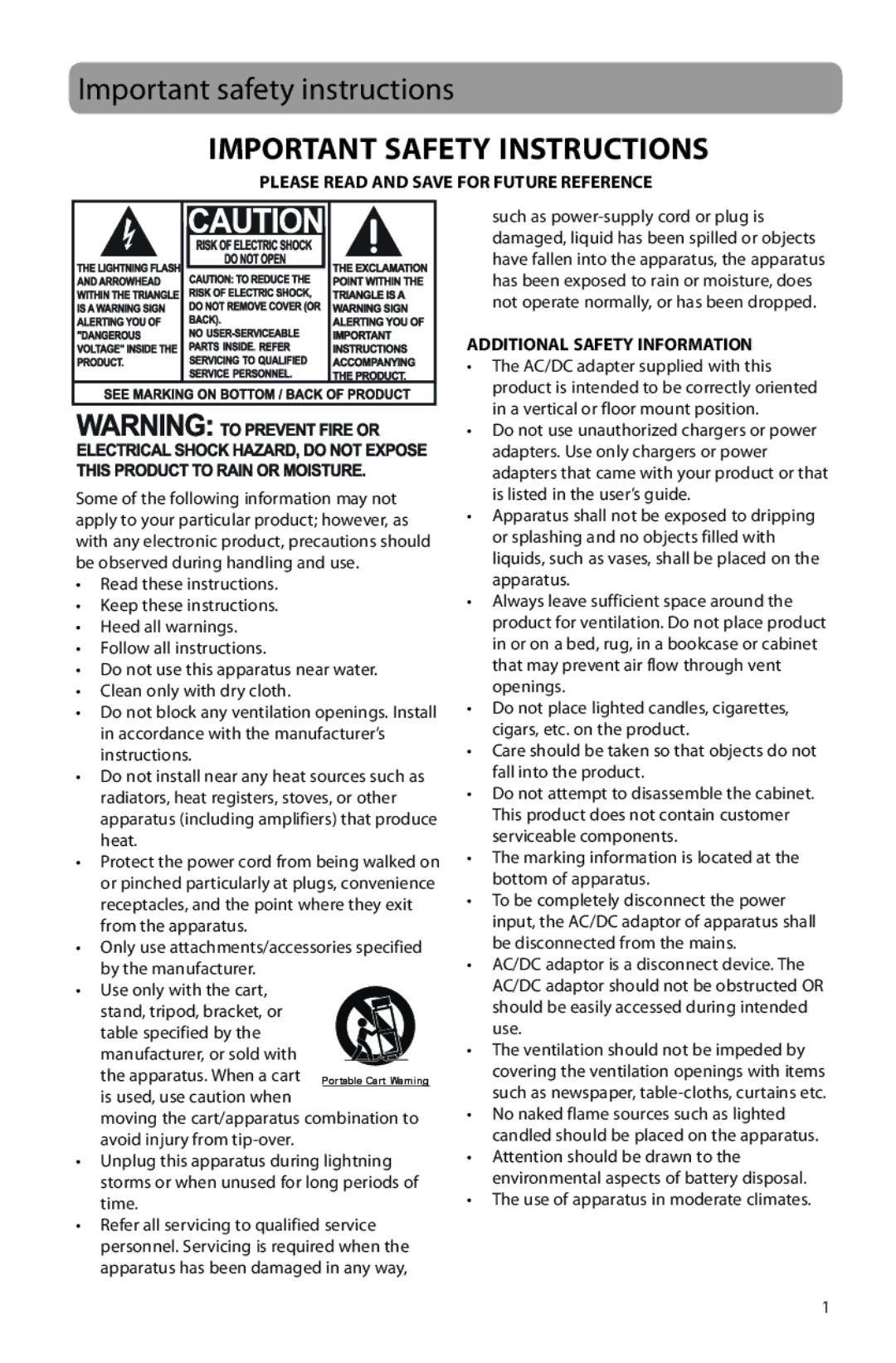 Acoustic Research ARIR150 user manual Important safety instructions, Important Safety Instructions 