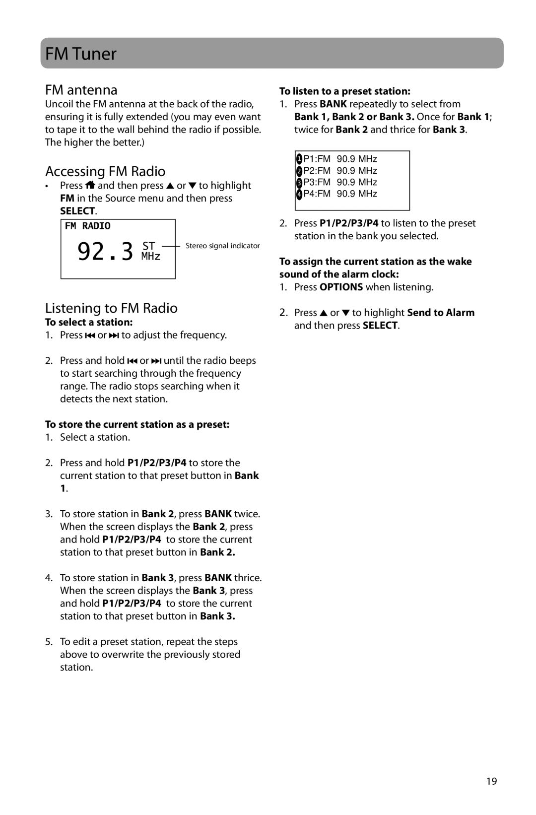 Acoustic Research ARIR150 user manual FM Tuner, FM antenna, Accessing FM Radio, Listening to FM Radio 