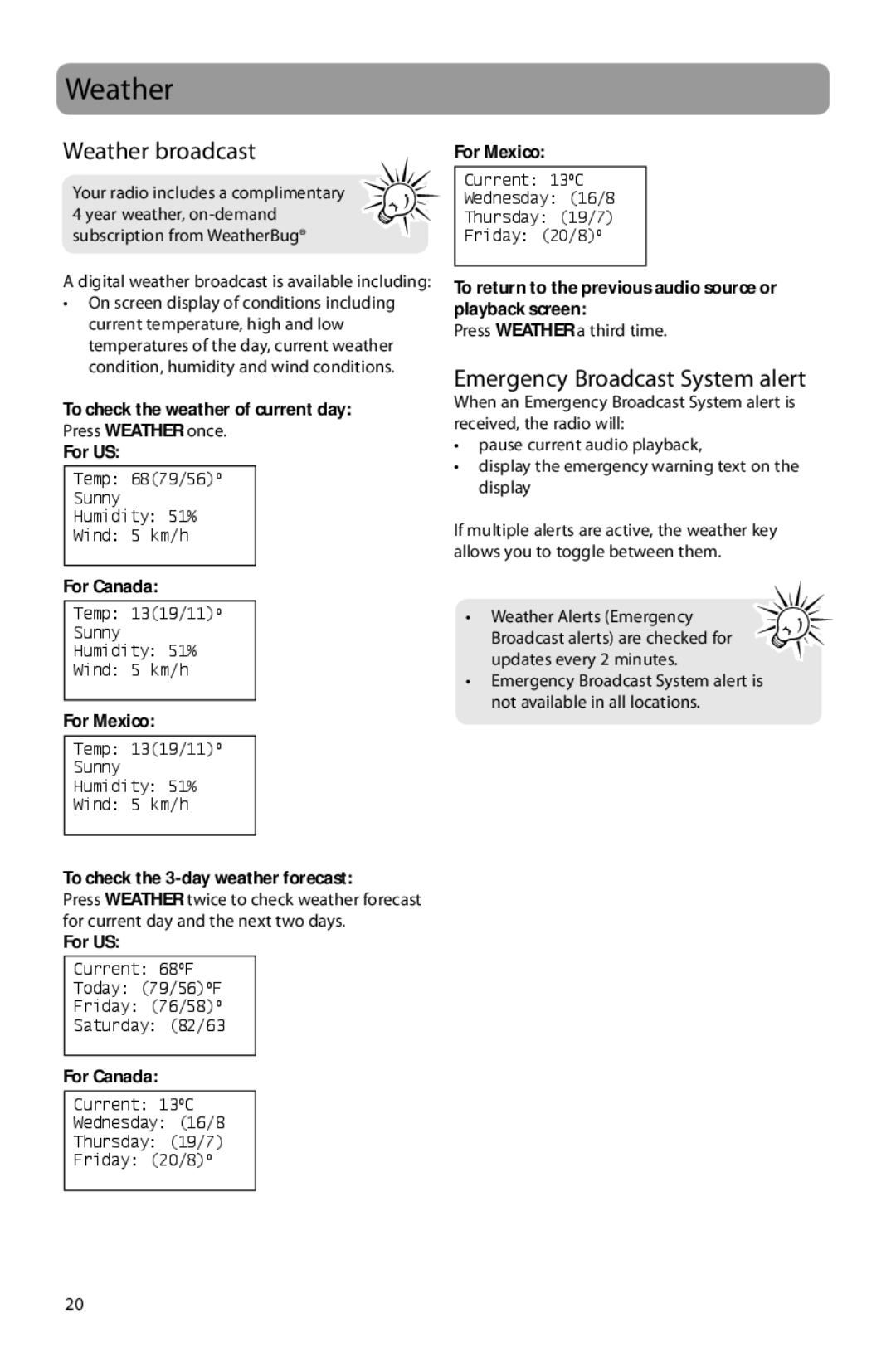 Acoustic Research ARIR150 user manual Weather broadcast, Emergency Broadcast System alert 