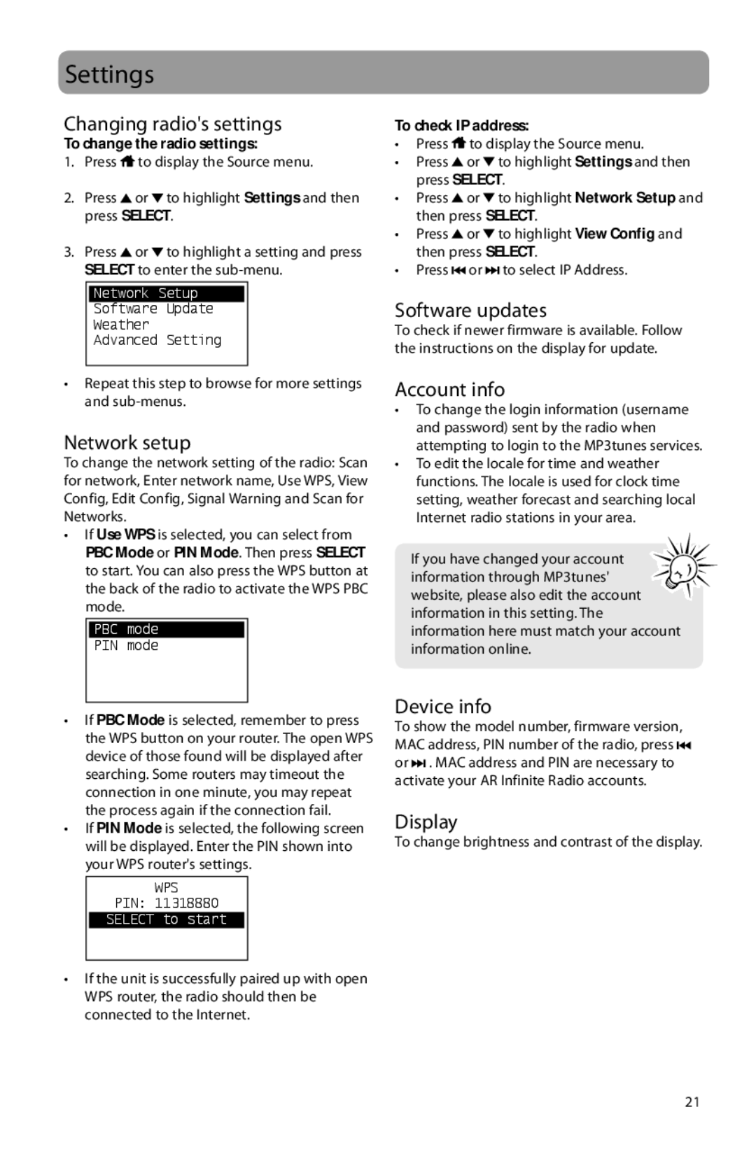 Acoustic Research ARIR150 user manual Settings 