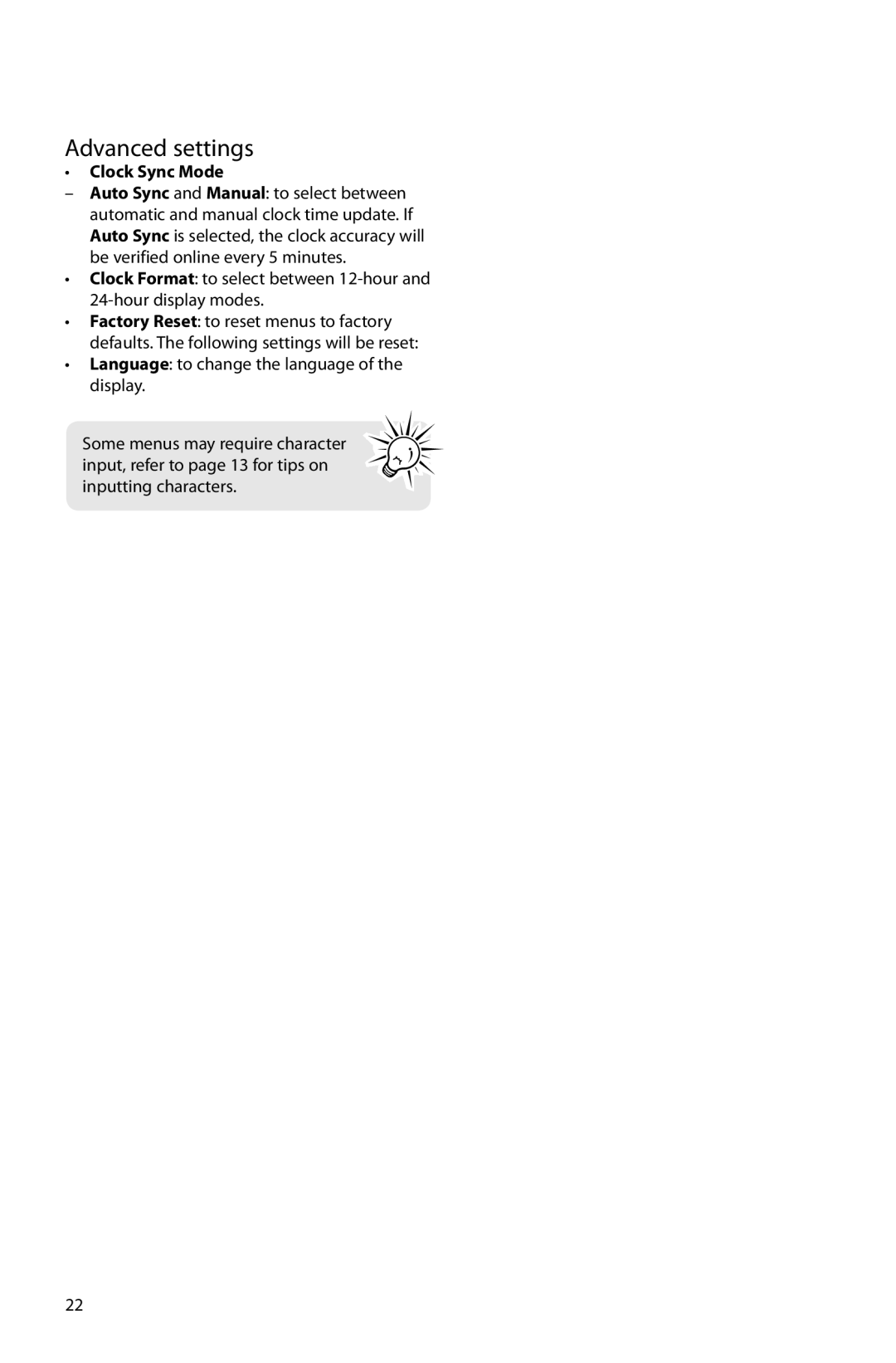 Acoustic Research ARIR150 user manual Advanced settings, Clock Sync Mode 