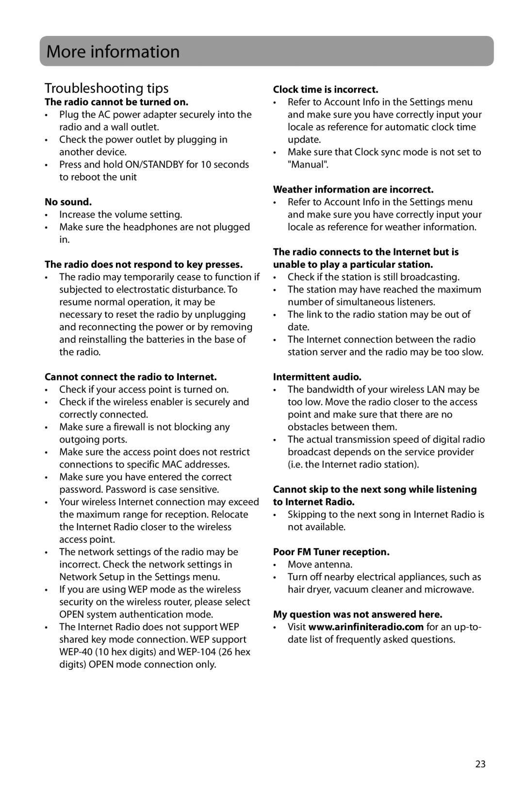 Acoustic Research ARIR150 user manual More information, Troubleshooting tips 