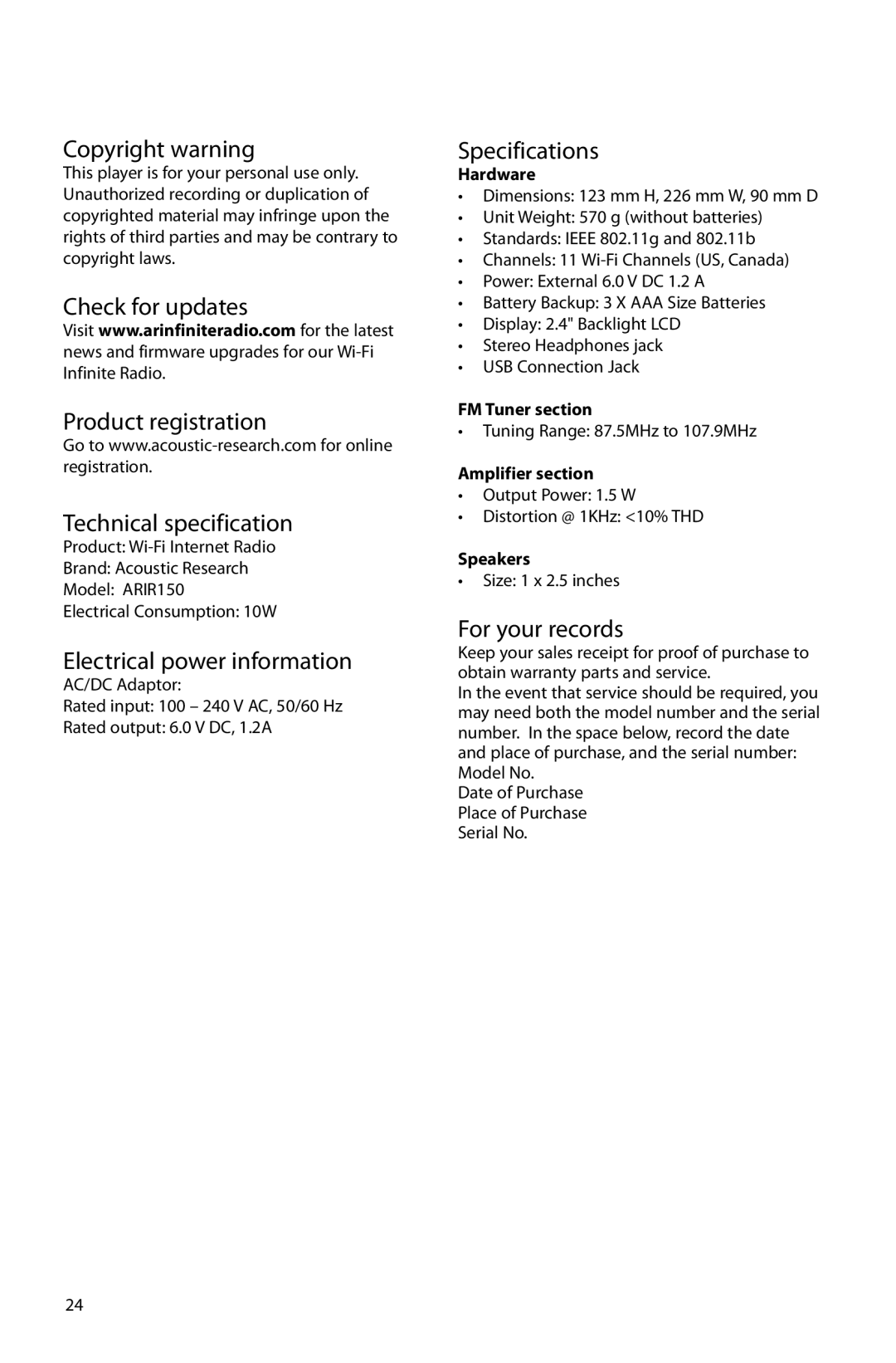 Acoustic Research ARIR150 user manual Copyright warning, Electrical power information, Specifications, For your records 