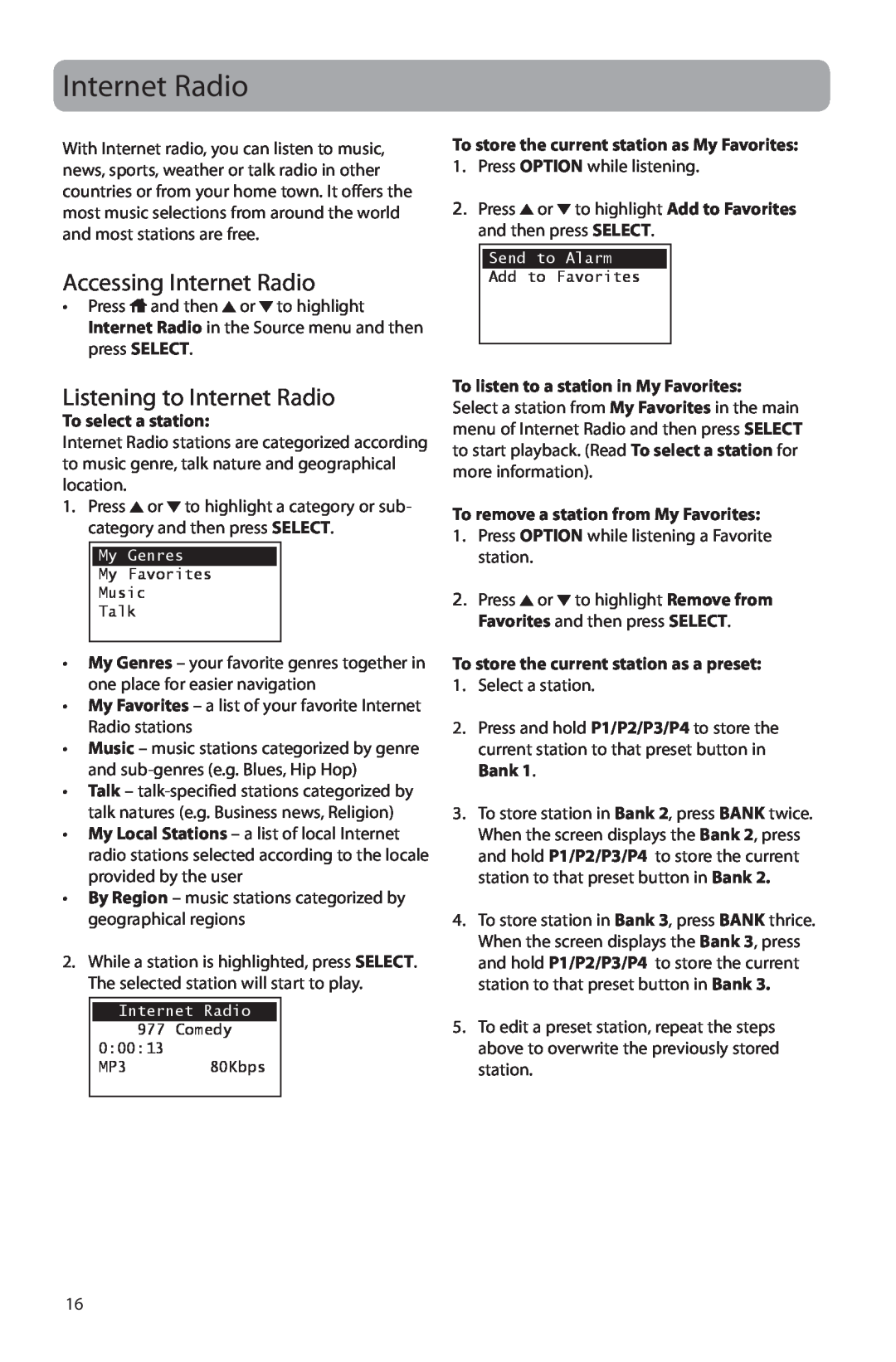 Acoustic Research ARIR150 user manual Accessing Internet Radio, Listening to Internet Radio, To select a station 