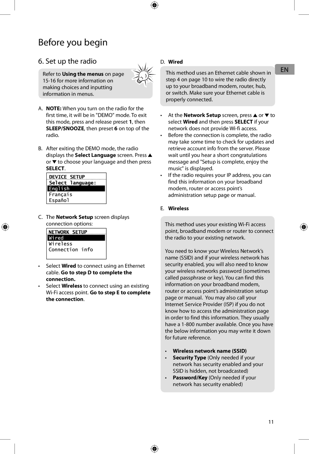 Acoustic Research ARIR200 user manual Set up the radio, Wired, Network Setup screen displays connection options, Wireless 