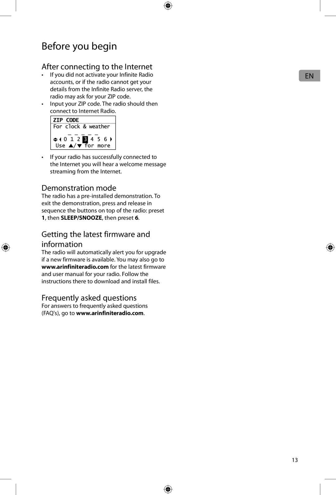 Acoustic Research ARIR200 user manual After connecting to the Internet, Demonstration mode 