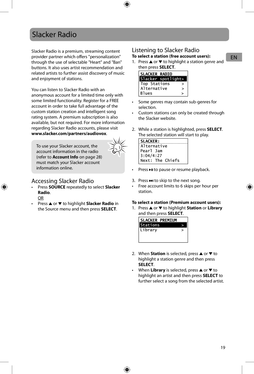 Acoustic Research ARIR200 Accessing Slacker Radio, Listening to Slacker Radio, To select a station free account users 