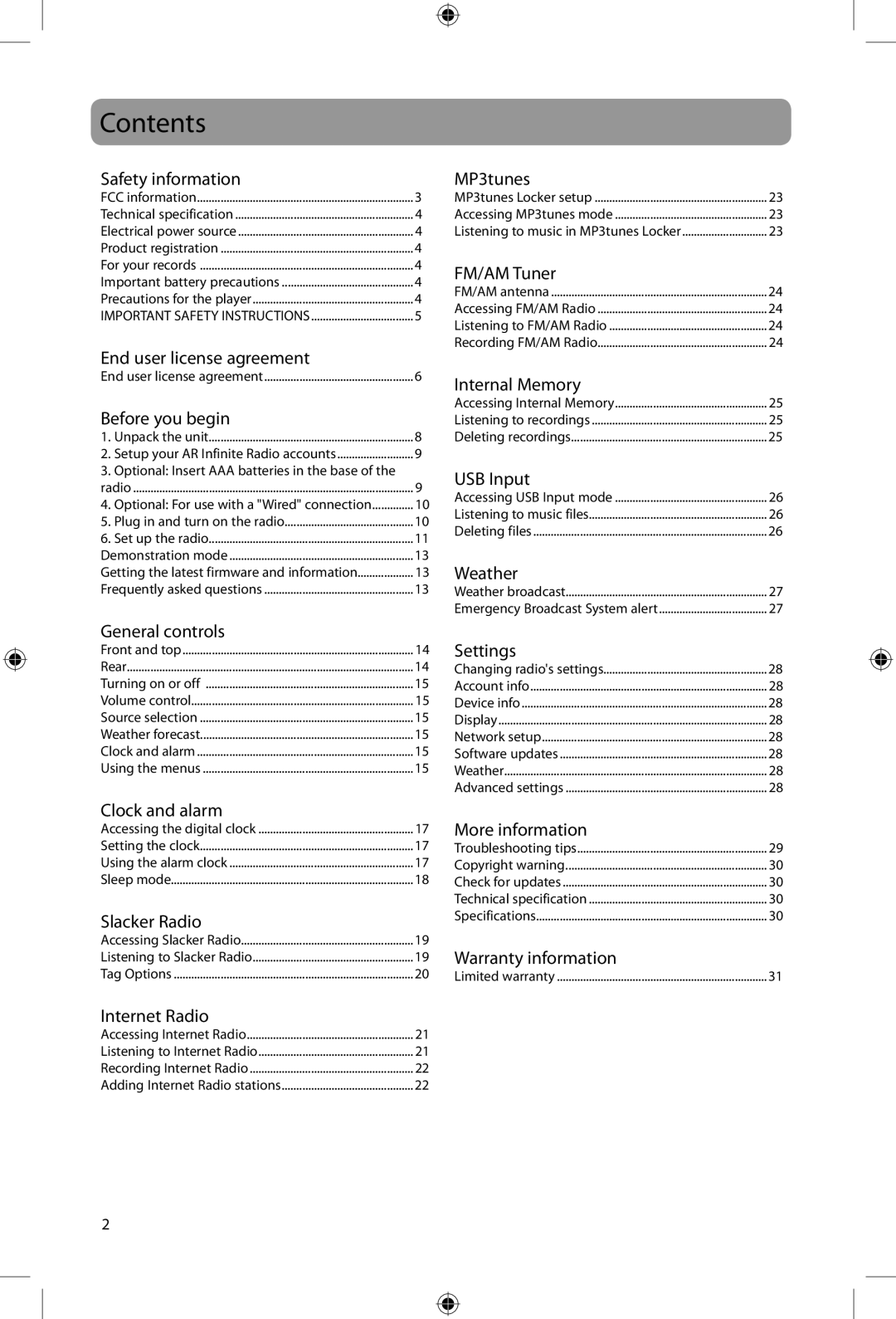 Acoustic Research ARIR200 user manual Contents 