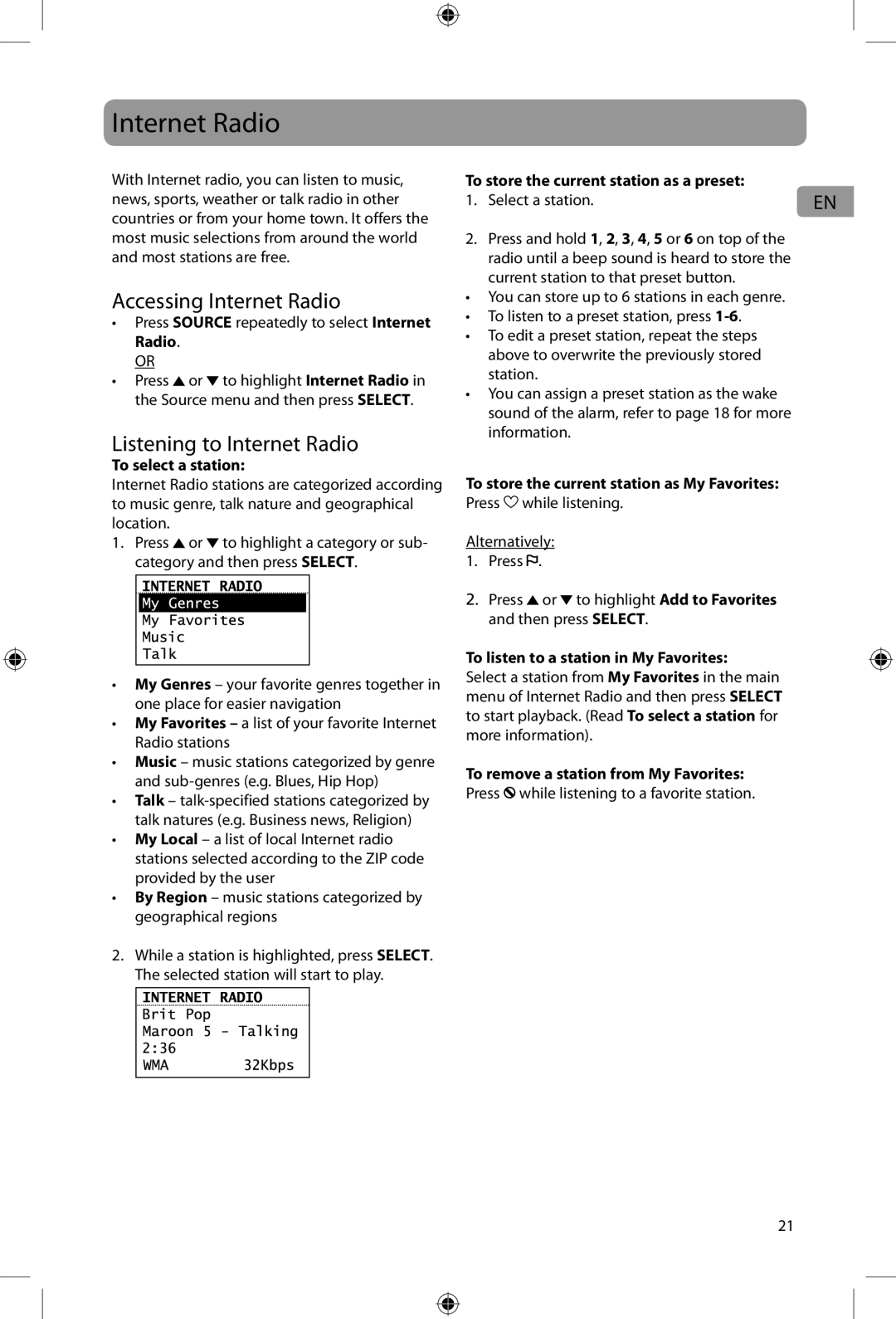 Acoustic Research ARIR200 user manual Accessing Internet Radio, Listening to Internet Radio, To select a station 