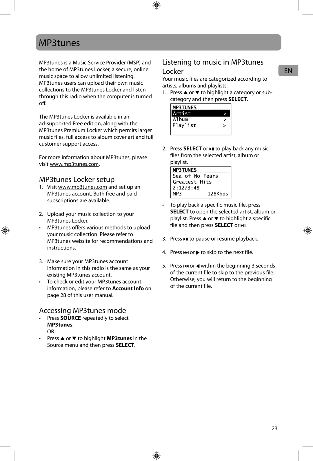 Acoustic Research ARIR200 Listening to music in MP3tunes Locker, MP3tunes Locker setup, Accessing MP3tunes mode 