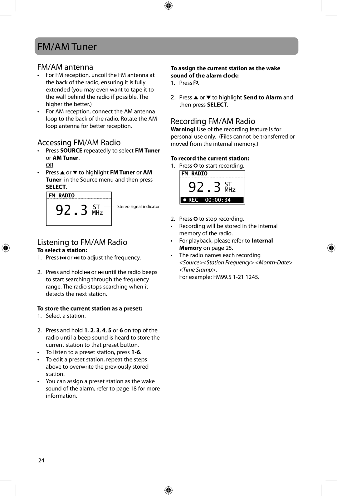 Acoustic Research ARIR200 user manual FM/AM Tuner, FM/AM antenna, Accessing FM/AM Radio, Recording FM/AM Radio 