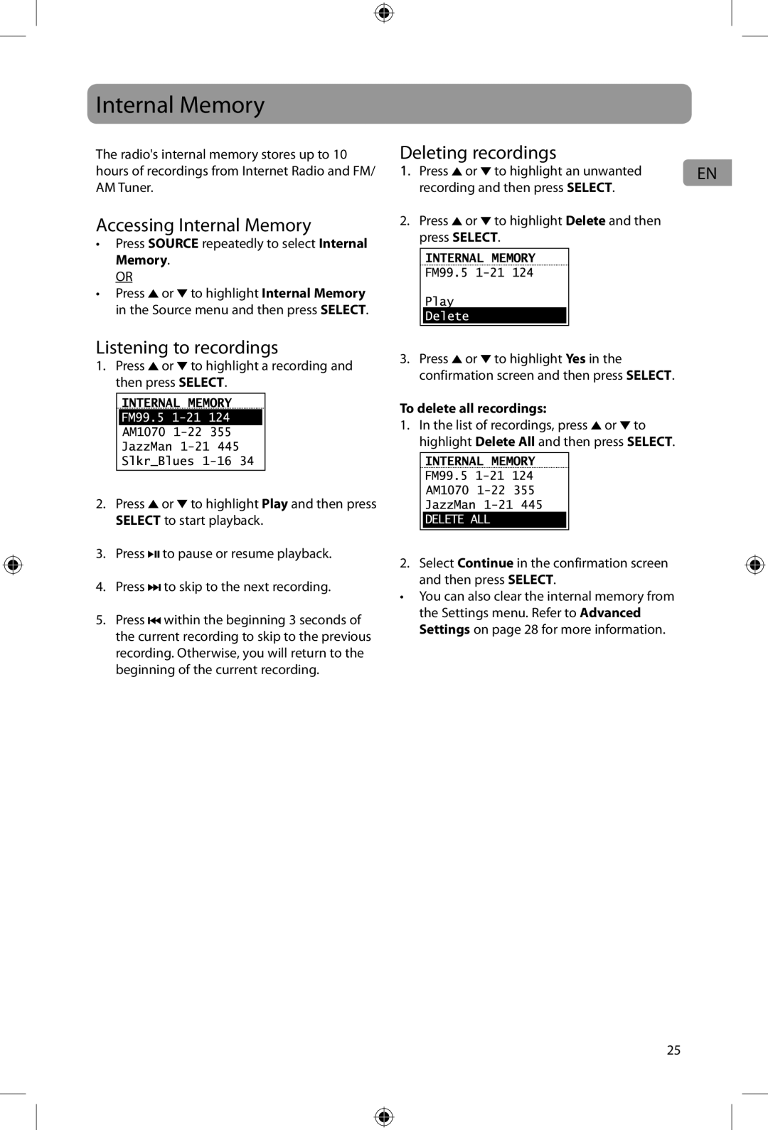 Acoustic Research ARIR200 user manual Accessing Internal Memory, Deleting recordings, Listening to recordings 