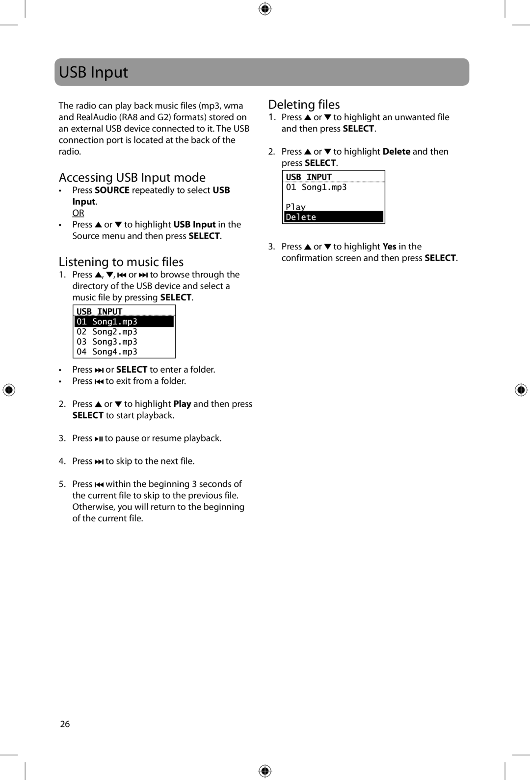 Acoustic Research ARIR200 user manual Accessing USB Input mode, Listening to music files, Deleting files 