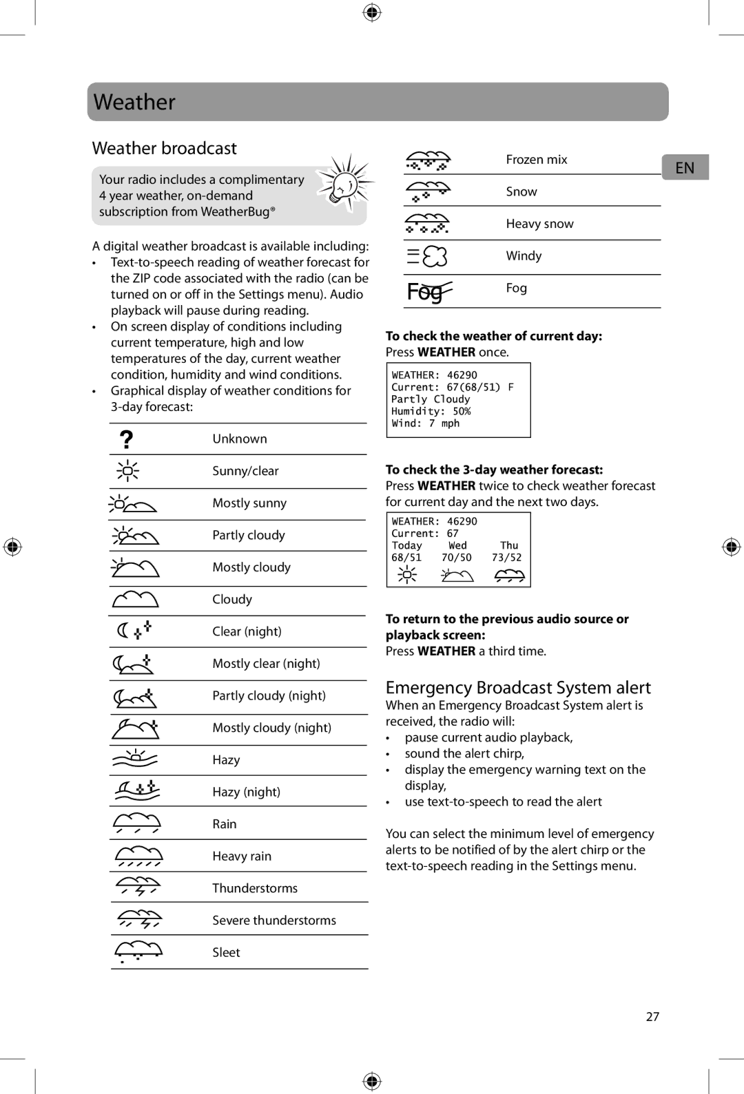 Acoustic Research ARIR200 user manual Weather broadcast, Emergency Broadcast System alert 