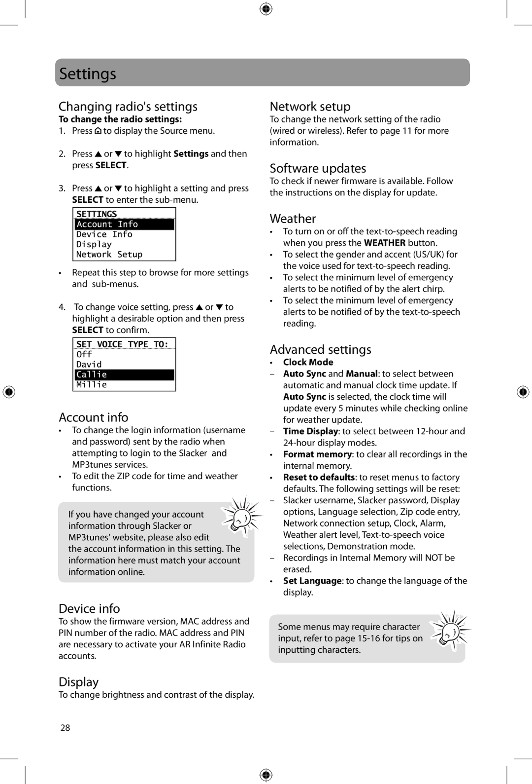 Acoustic Research ARIR200 user manual Settings 