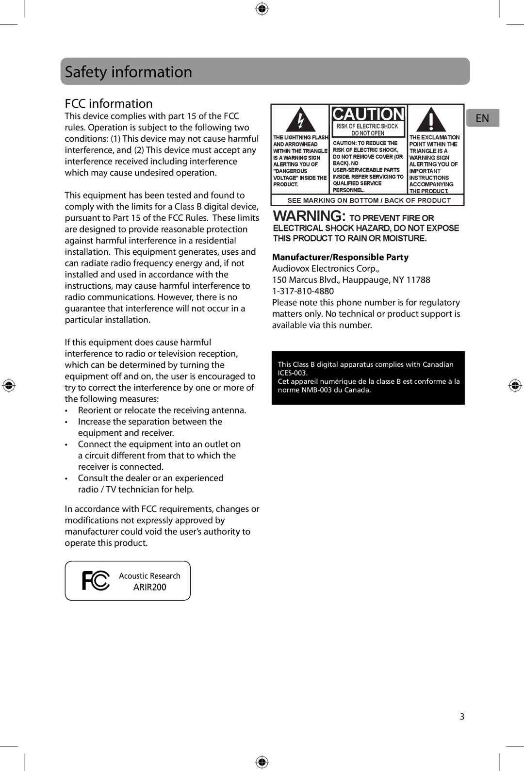 Acoustic Research ARIR200 user manual Safety information, FCC information, Manufacturer/Responsible Party 